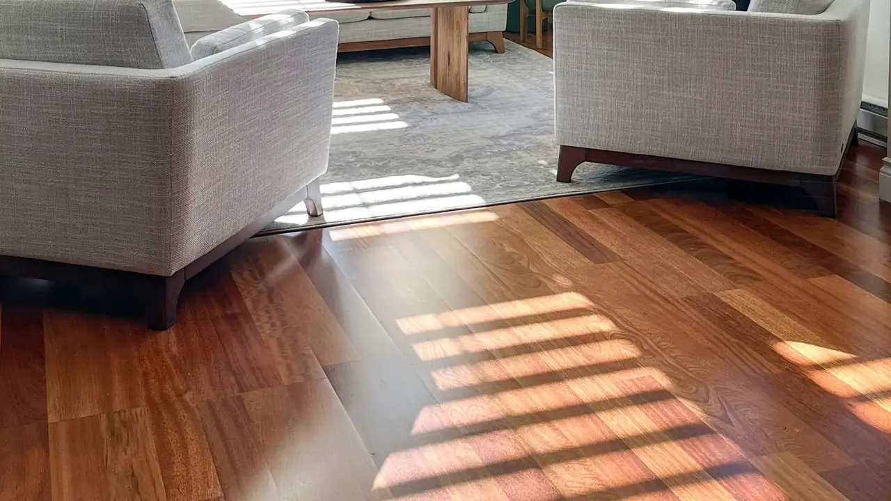 Sunlit living room with polished hardwood floors