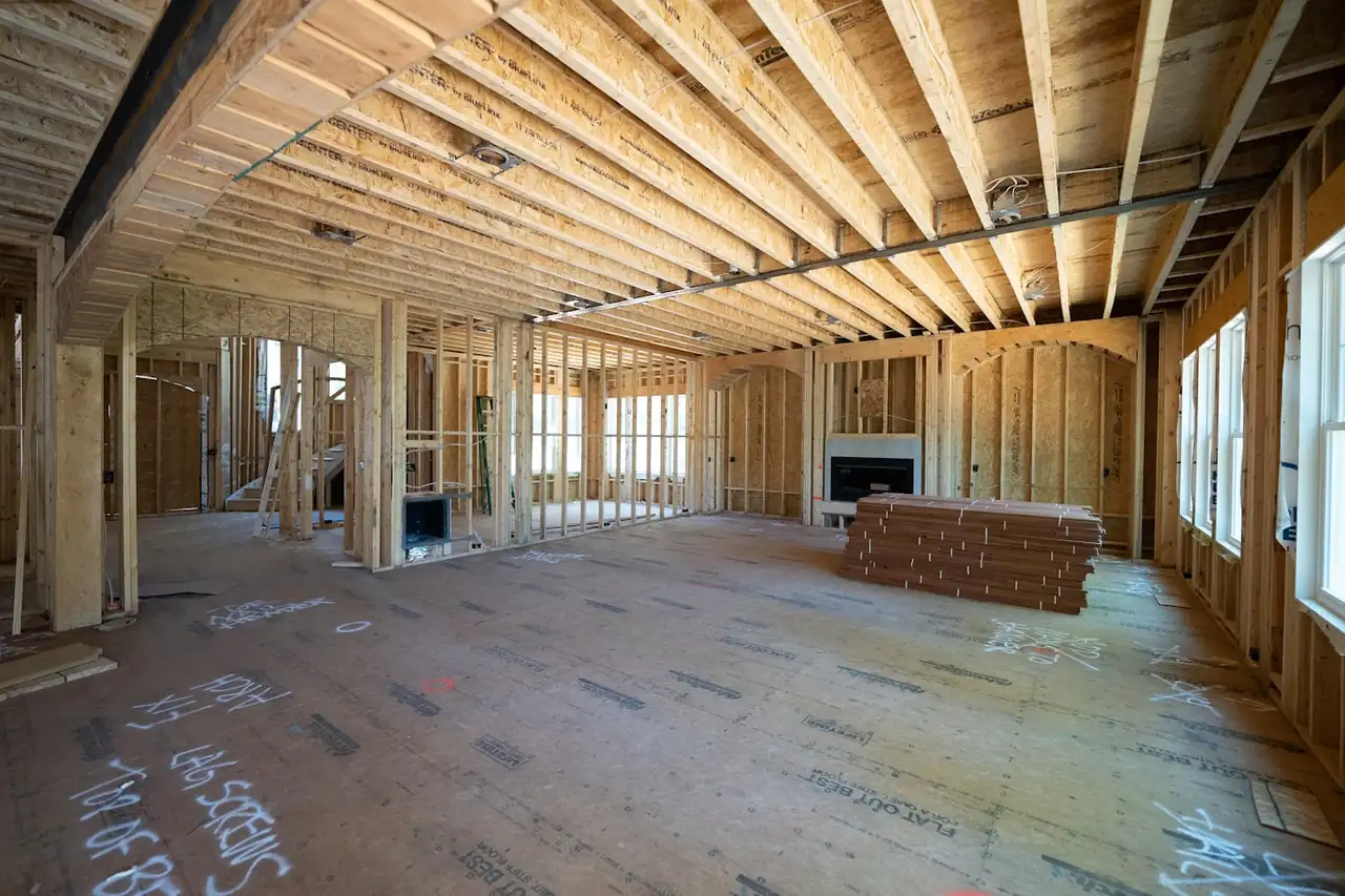 Interior of a newly built home at the finishing stage, awaiting post-construction cleanup